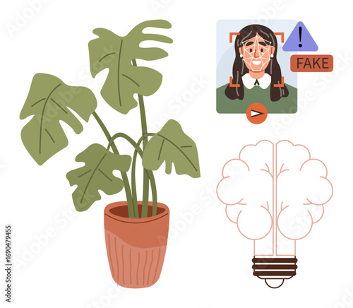 Tropical potted plant, AI face recognition with fake alert, idea as a brain-shaped light bulb. Ideal for AI, deepfake awareness, innovation, technology, nature creativity ethical tech. Simple flat