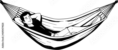 Man relaxing lying in hammock. Vector 