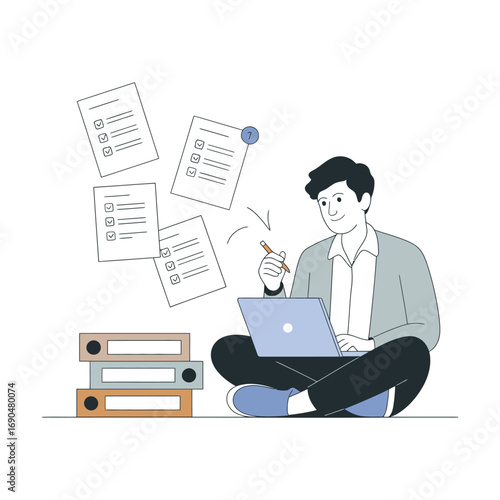 Happy young businessman in office environment using laptop at modern desk, professional casual attire, multitasking and digital communications for marketing or remote work, bright natural light