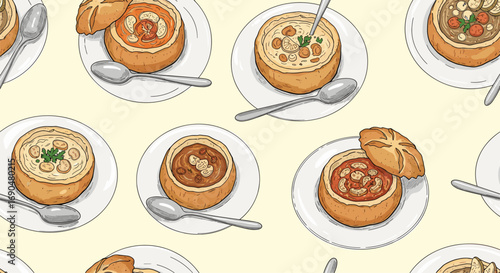 A delicious assortment of savory bread bowls filled with hearty soups and stews served on white plates with spoons
