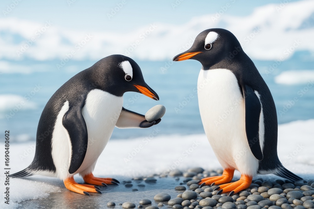 Obraz premium Two cartoon-style penguins standing on pebbles in snowy landscape with one offering a stone, symbolizing love or bonding in icy background concept. Ai generative