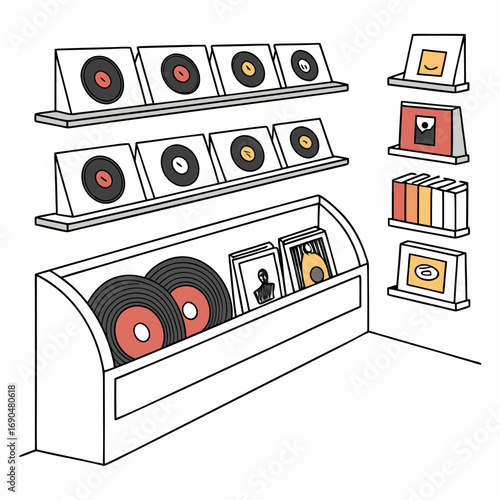 Illustration of a record store with shelves full of vinyl records and album covers, a charming scene for music lovers and vintage enthusiasts alike