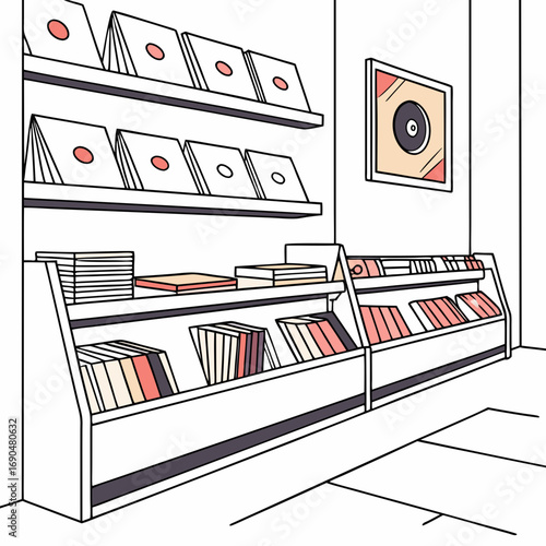 Illustration of a record store interior with shelves displaying vinyl records and album covers, a nostalgic scene for music enthusiasts and collectors