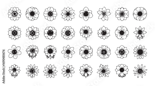 Collection of intricate floral sketches in a repeating pattern silhouette