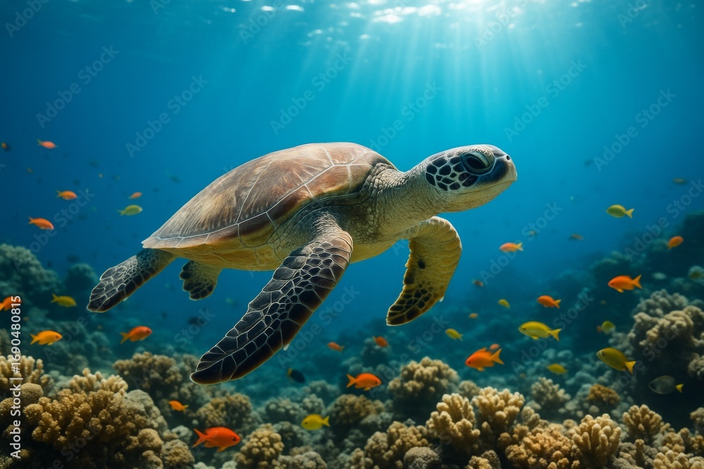 Obraz premium Sea turtle swimming calmly above coral reef with colorful tropical fish under sunlight in clear blue ocean background. Ai generative. Ai generative