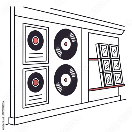 Vector art of a charming record store illustration showcases a wall adorned with framed vinyl records and a display of album covers, capturing the essence of music and nostalgia