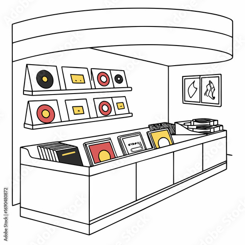 Vector art of a delightful record store illustration features shelves brimming with vinyl records and album covers, inviting music lovers to explore a treasure trove of sound and memories
