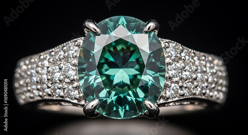 Close up of a platinum ring with a large oval cut green gemstone and diamond accents on the band