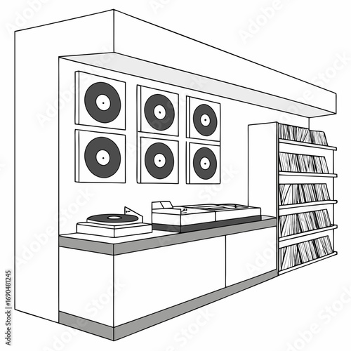 Vector art of a captivating record store illustration showcasing a wide array of vinyl records and turntables, creating a haven for music lovers and collectors