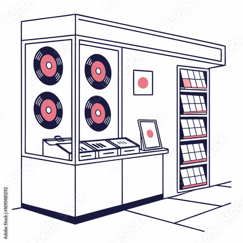 Vector art of a quaint vinyl record kiosk illustration, , showcasing a selection of music and accessories the scene evokes a sense of discovery and appreciation for analog media