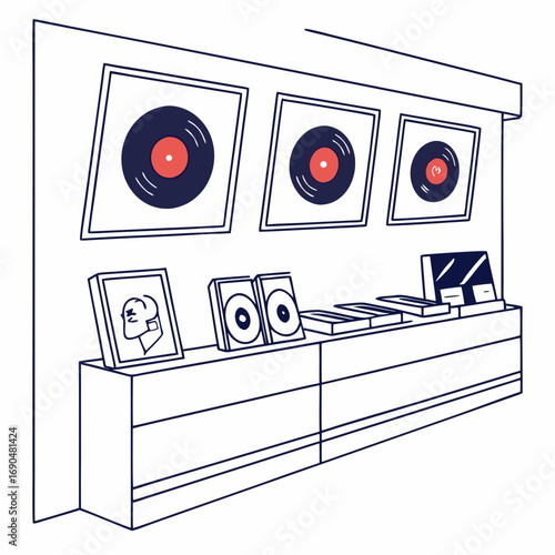 Vector art of a charming record store display, , showcases framed vinyl records and music accessories on a sleek white cabinet, creating a minimalist and inviting scene