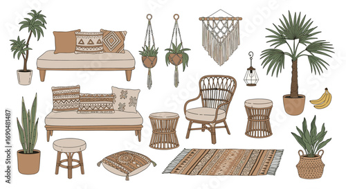 Bohemian home decor collection featuring natural textures and lush greenery for a relaxed and earthy ambiance