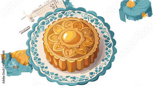 A mooncake with double yolk on antique dish, symbolizing the richness of tradition and shared memories.
