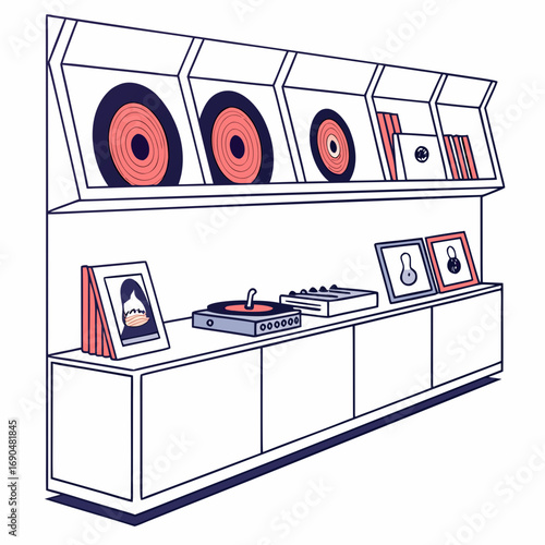 Vector art of isometric illustration of a vinyl record store display with records, turntables, and artwork, showcasing a retro and vintage aesthetic in a modern and minimalist style