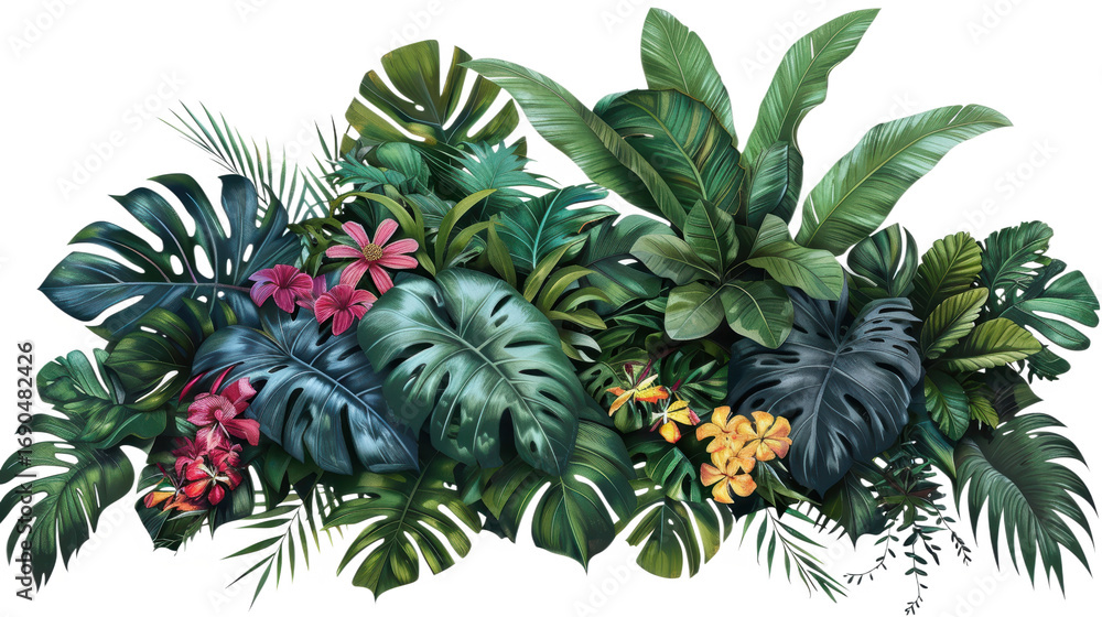 Obraz premium Lush Tropical Foliage with Vibrant Leaves and Bright Exotic Flowers, PNG, isolated on transparent background