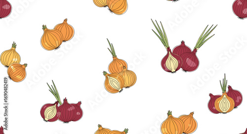 A seamless pattern of freshly harvested onions and shallots with vibrant green shoots and earthy tones