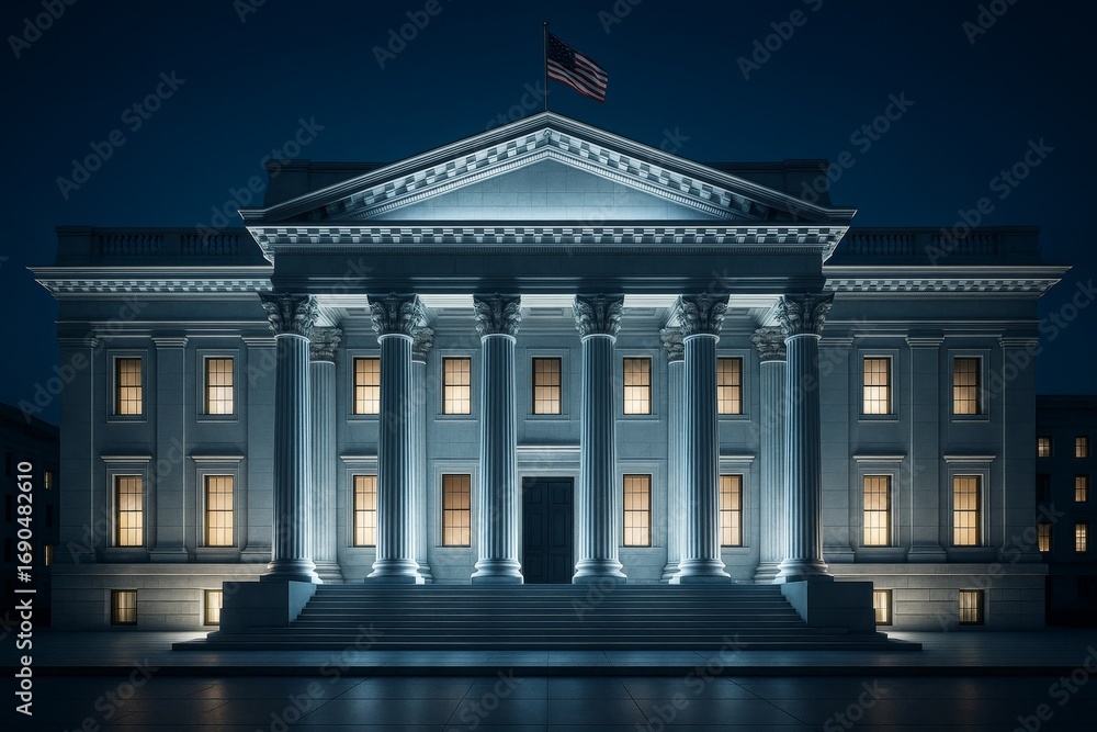 Obraz premium Majestic neoclassical government building with glowing windows and dramatic lighting at night under a clear dark sky, symbolizing authority and power. Ai generative
