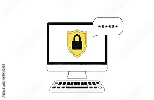 Cybersecurity concept illustration with password protection, shield, and computer monitor