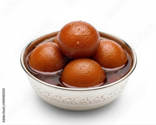 Gulab Jamun Indian Sweet in Silver Bowl.