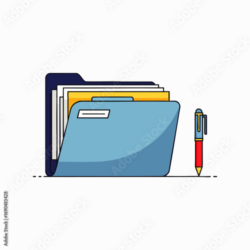A neatly organized blue document folder filled with important papers stands beside a vibrant red pen, symbolizing efficient office work and digital data management.