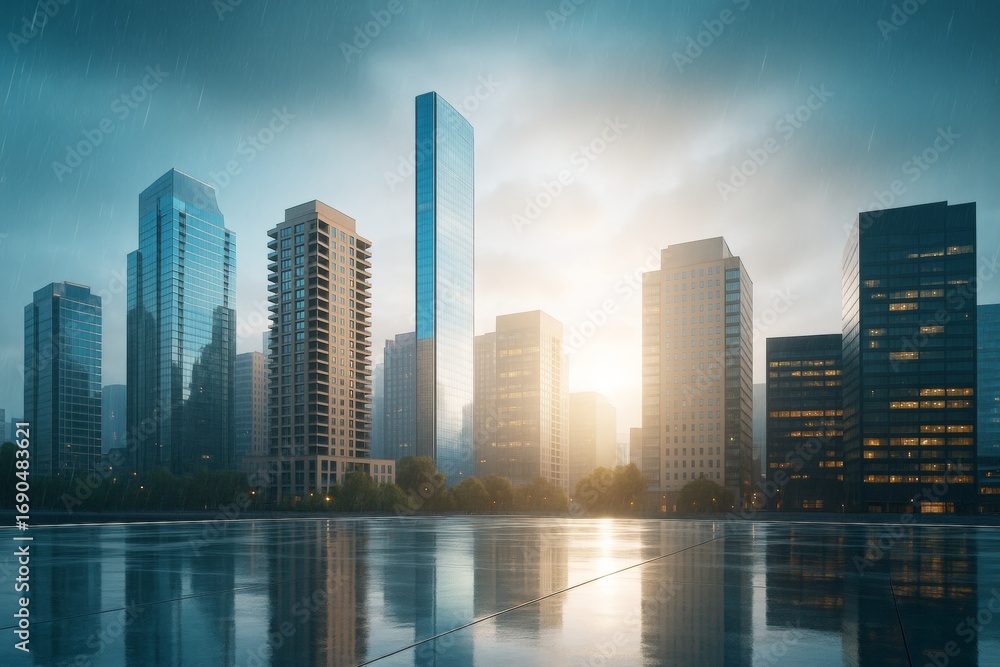 Fototapeta premium Modern city skyline with tall buildings at sunset during rain, reflecting on wet surface in an urban open square. Ai generative.
