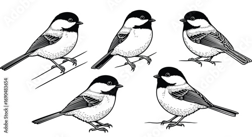 A collection of charming black capped chickadees perched in various poses captured in a stylized sketch for nature enthusiasts