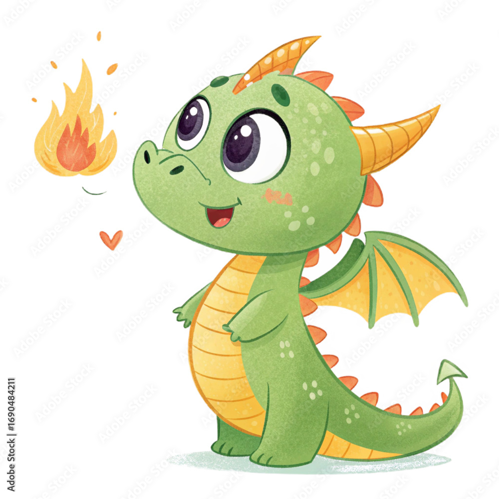 Obraz premium Cute cartoon baby dragon breathing small fire on transparent background for kids party invitations, fantasy illustrations, stickers and educational projects