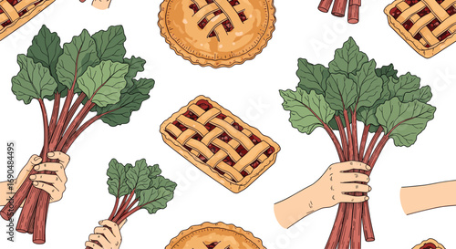 Freshly baked rhubarb pies and bundles of garden greens artistically arranged on a white background