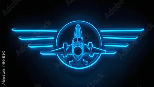Neon Light Airplane Icon Glowing with Wings Outlined in Bright Blue