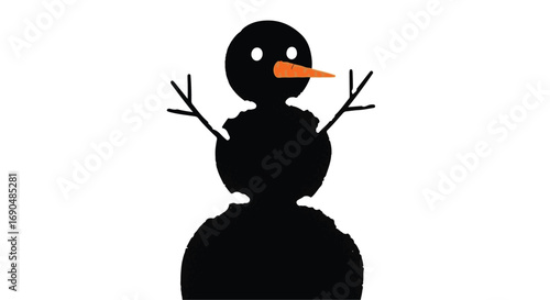 Playful black silhouette of a snowman with carrot nose and twig arms against a white background