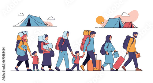 Families and individuals with backpacks and luggage walking together with tents in the background representing travel and displacement