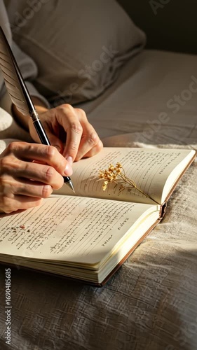 Delicate reflections: feather pen writing in sunlit journal with dried flower bookmark