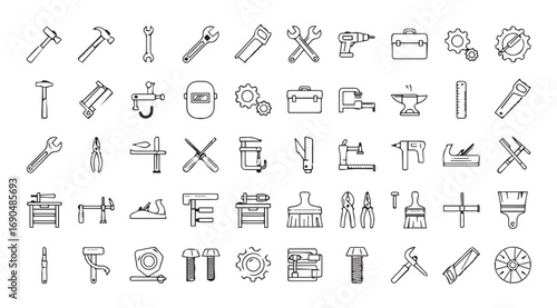 Collection of hand drawn workshop and craft tools in silhouette style