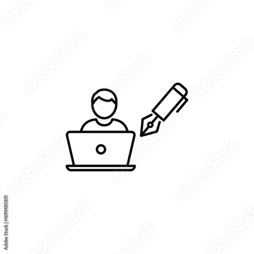 Writer working on laptop with pen isolated on white background, representing content creation and journalism
