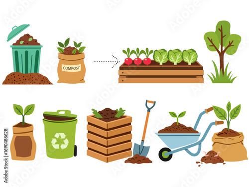 organic composting theme garden tools bag of compost ground food garbage illustration bio organic fertilizer compost bin box agronomy wheelbarrow worms cartoon