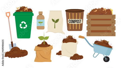 organic composting theme garden tools bag of compost ground food garbage illustration bio organic fertilizer compost bin box agronomy wheelbarrow worms cartoon