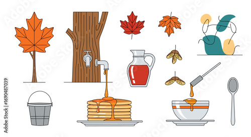 Autumn harvest collection illustrating maple syrup production and delicious breakfast food