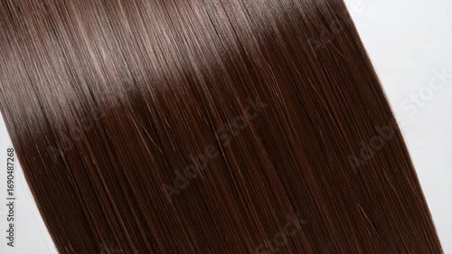 Close up of glossy brown hair showing texture and flow against a white background