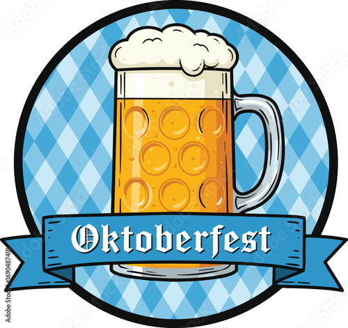 Oktoberfest beer mug vector with blue Bavarian pattern, festival celebration badge design, traditional German beer icon for seasonal events.