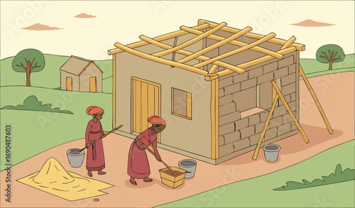 A high-detail vector or semi-realistic illustration of a rural Pakistani construction site: villagers working together to pour concrete (lanter) on the roof of a newly built brick house. Wooden scaffo