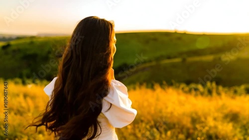 Woman with long hair watching sunset in field of golden grass