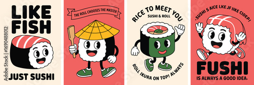 Trendy retro groovy sushi and roll characters posters for Japanese cuisine, vector set with smiling salmon sensei holding chopsticks, caviar rice mascots, colorful playful 70s-style illustration