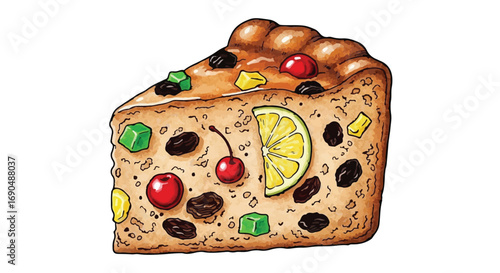 A colorful slice of fruitcake bursting with cherries, citrus, and dried fruit, a festive holiday treat.