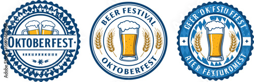 Oktoberfest beer mug vector with blue Bavarian pattern, festival celebration badge design, traditional German beer icon for seasonal events.