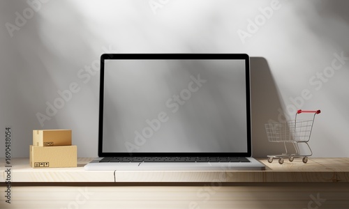 3D render of a laptop placed on wooden table with small parcel boxes and a shopping cart model beside it. Concept of online shopping, e-commerce, digital marketplace, and delivery service