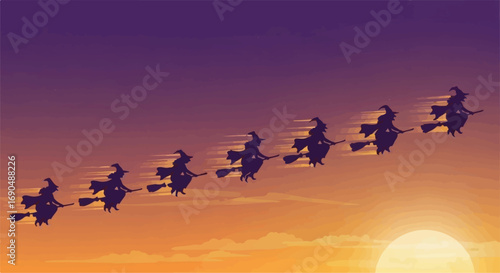 Silhouettes of witches flying on broomsticks across a vibrant sunset sky