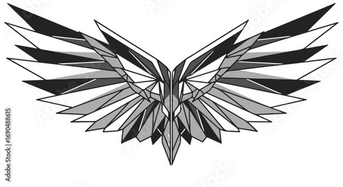 Geometric abstract wings symbolize freedom and power, rendered in a striking monochrome palette.
