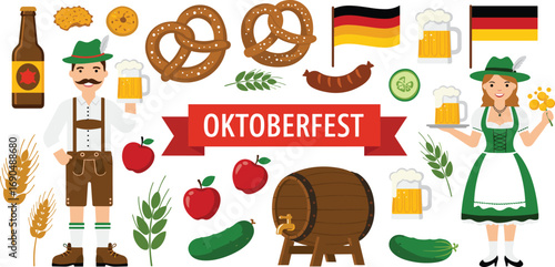 Oktoberfest flat vector illustration with man, woman in traditional clothes, beer mugs, pretzels, sausages, barrels, flags, and food.
