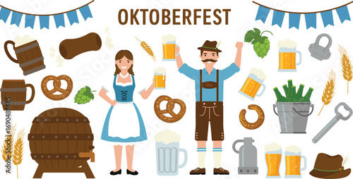 Oktoberfest flat vector illustration with man, woman in traditional clothes, beer mugs, pretzels, sausages, barrels, flags, and food.
