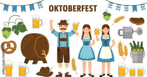 Oktoberfest flat vector illustration with man, woman in traditional clothes, beer mugs, pretzels, sausages, barrels, flags, and food.